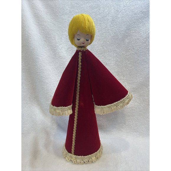 Vintage 15" Cone Christmas Angel Red Felt Gold Cord Handmade 60s-70s Holiday - Picture 1 of 7